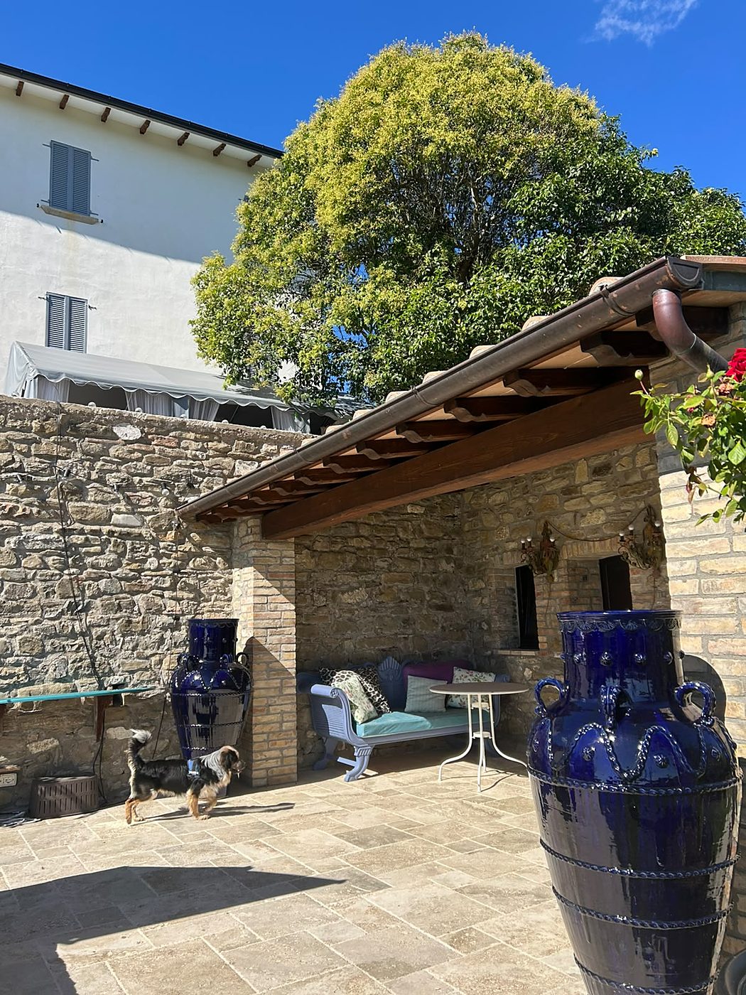 Het stenen terras met twee grote kobaltblauwe siervazen en een overdekte zithoek onder een boom